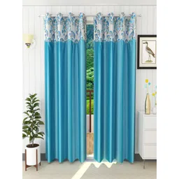 Homefab India Set of 2 Turquoise Blue & White Floral Eyelet Door Curtain-image-27