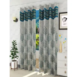 Homefab India Turquoise Blue & Grey Set of 2 Floral Room Darkening Long Door Curtain-image-13