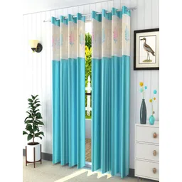 Homefab India Turquoise Blue & Off White Set of 2 Floral Sheer Window Curtain-picture-40