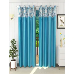 Homefab India Turquoise Blue & White Set of 2 Floral Long Door Curtain-image-36