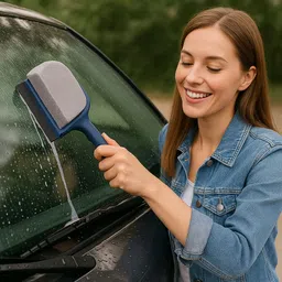 homehunt Blue Car Glass Cleaner Tool with Handle – 2-in-1 Scrub Sponge & Squeegee Wiper Solid Handheld Vehicle Glass Cleaner-picture-12