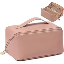 Homeitemss Womens Large Capacity Cosmetic Bag Travel Bag Waterproof Portable Pouch Open Flat Toiletry Bag Make up Organizer with Divider and Handle (Pink)-picture-21