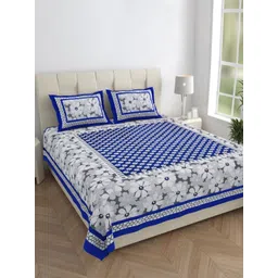 HOMELINE Blue & White Floral Printed Pure Cotton 144 TC King Bedsheet Set 2.28m x 2.62m-picture-17