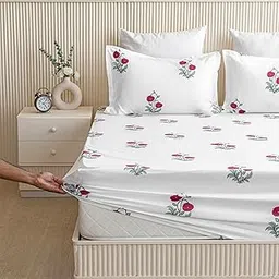 HOMEMONDE 210TC Soft Cotton All Around Elastic Fitted Bedsheet King Size 84 x 78 Inches Floral Printed Fitted Sheet with 2 Pillow Covers, Red Rose-picture-25