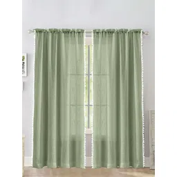 HOMEMONDE Green & White 2 Pieces Cotton Pompom Border Sheer Door Curtains-picture-36