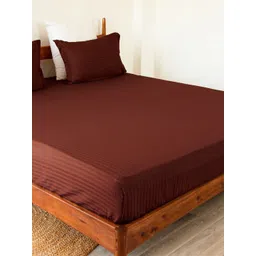 HOMEMONDE Maroon Striped Cotton Fitted 300 TC King Bedsheet with 2 Pillow Covers-picture-27