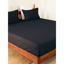 HOMEMONDE Navy Blue Striped Cotton Fitted 300 TC King Bedsheet With 2 Pillow Covers-picture-39
