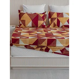 HOMEMONDE Red & Mustard Geometric Cotton Fitted 210 TC Queen Bedsheet With 2 Pillow Covers-picture-11