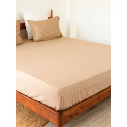 HOMEMONDE Taupe Striped 300 TC Fitted Cotton King Bedsheet With 2 Pillow Covers-picture-18