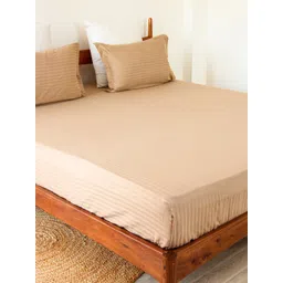 HOMEMONDE Taupe Striped Cotton Satin Fitted Double Bedsheet With 2 Pillow Covers-picture-24
