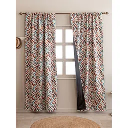 HOMEMONDE White & Blue Set of 2 Geometric Black Out Door Curtain-picture-13