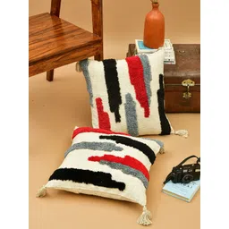 HOMEMONDE White & Red 2 Pieces Abstract Cotton Square Cushion Covers-picture-14