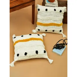 HOMEMONDE White & Yellow 2 Pieces Embroidered Square Cushion Covers-picture-13