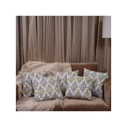 HOMEMONDE White & Yellow Set of 5 Ethnic Motifs Square Cotton Cushion Covers-picture-14