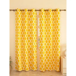 HOMEMONDE Yellow & White 2 Pieces Geometric Printed Cotton Room Darkening Window Curtains-picture-19