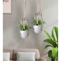 Beige Macrame Brown bead Hanging Rope Planter (Set of 2) By Homesake-picture-22