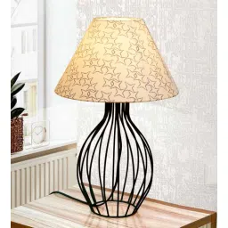 Black Bedside Table Lamp with Geometric Metal Base and Fabric Shade, Modern Desk Lamp with Star Cone Shade-image-41