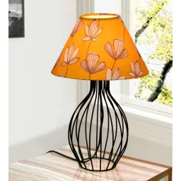Black Bedside Table Lamp with Geometric Metal Base and Fabric Shade, Wire Trumpet with Hibiscus Cone Shade-image-38