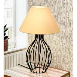 Black Bedside Table Lamp with Geometric Metal Base and Fabric Shade, Wire Trumpet with Khadi Cone Shade-image-37