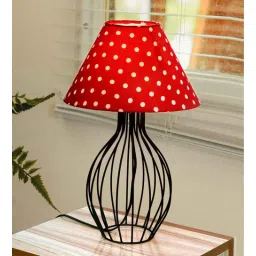 Black Bedside Table Lamp with Geometric Metal Base and Fabric Shade, Wire Trumpet with Red Dot Cone Shade-image-42