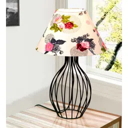 Black Bedside Table Lamp with Geometric Metal Base and Fabric Shade, Wire Trumpet with Rose Cone Shade-image-40