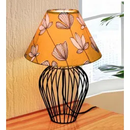 Black Bedside Table Lamp with Geometric Metal Base and Fabric Shade, Wire Tulip with Hibiscus Cone Shade-image-36