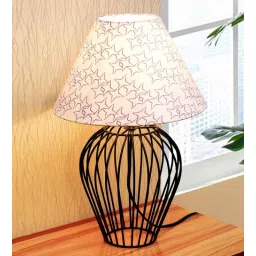 Black Bedside Table Lamp with Geometric Metal Base and Fabric Shade, Wire Tulip with Star Cone Shade-image-39