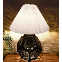 Black Turkish Table Lamp with Jaali Metal Base and Pleated White Shade-image-6