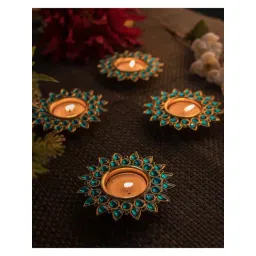 Homesake 'Birthday' Sea-Green & Beige Metal Diya Holder With Tea Light - Set of 4-picture-33