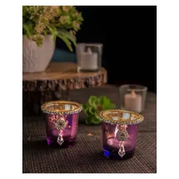 Homesake 'Christmas' Violet & Golden Glass Candle Holder With Jewel Ring - Set of 2-picture-15
