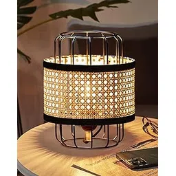 homesake Modern Natural Rattan Cane Beige Mesh Webbing Wicker Metal Table lamp Boho Hollowed Out Beside Lamp for Living Room Bedroom Office Study (12")-picture-12