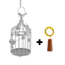 Homesake Modern Style Iron Decorative White Bird Cage with Hanging Chain with Cork String Light-picture-48