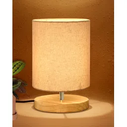 homesake Pine Wood Bedside Lamp, Linen Shade, Mini Nightstand Light, Jute Cylinder Table Lamp-picture-28