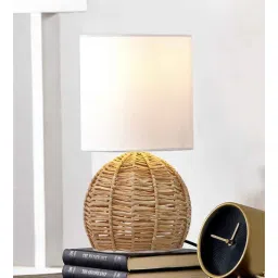 homesake Rattan Table Lamp, Small Nightstand Lamp with Linen Fabric Lampshade, Desk Lamp Bedside Lamp for Living Room Home Office, Round, Beige-picture-18