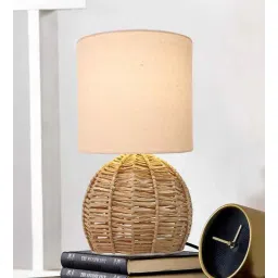 homesake Rattan Table Lamp, Small Nightstand Lamp with Linen Fabric Lampshade, Desk Lamp Bedside Lamp for Living Room Home Office Round, Jute-picture-19