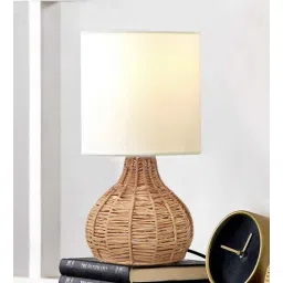 homesake Rattan Table Lamp, Small Nightstand Lamp with Linen Fabric Lampshade, Desk Lamp Bedside Lamp for Living Room Home Office ,Spinning, Beige-picture-16