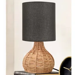 homesake Rattan Table Lamp, Small Nightstand Lamp with Linen Fabric Lampshade, Desk Lamp Bedside Lamp for Living Room Home Office ,Spinning, Black-picture-17