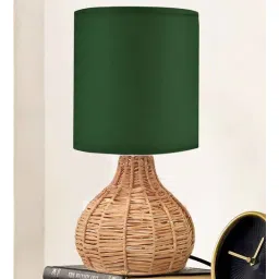 homesake Rattan Table Lamp, Small Nightstand Lamp with Linen Fabric Lampshade, Desk Lamp Bedside Lamp for Living Room Home Office ,Spinning, Green-picture-21