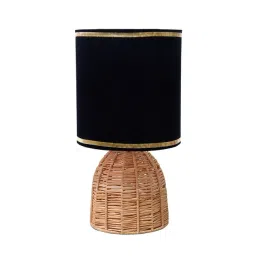 Homesake Rattan Table Lamp Small Nightstand Lamp with Linen Fabric Lampshade Oval Black-picture-15