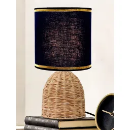 Homesake Rattan Table Lamp Small Nightstand Lamp with Linen Fabric Lampshade Oval Black image 2