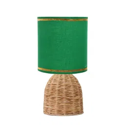 Homesake Rattan Table Lamp Small Nightstand Lamp with Linen Fabric Lampshade Oval Green-picture-10
