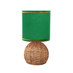 Homesake Rattan Table Lamp Small Nightstand Lamp with Linen Fabric Lampshade Round Green-picture-43