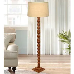 homesake Rustic Wood Floor Lamp, Walnut Brown with Multicolor Fabric Shade, Sweetie Round, Off-White-picture-10
