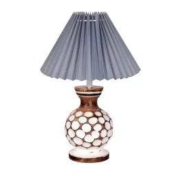 Homesake Small Bedside Lamp with Linen Beige Lampshade Brown Wooden Base E27 Carved Ball Grey-picture-46