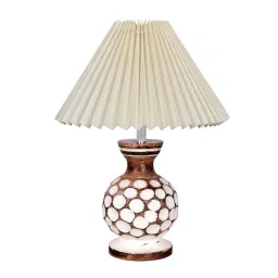 Homesake Small Bedside Lamp with Linen Beige Lampshade Brown Wooden Base E27 Carved Ball Off-White-picture-19