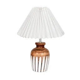 Homesake Small Bedside Lamp with Linen Beige Lampshade Brown Wooden Base E27 Ribbed Urn White-picture-45