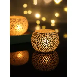 Homesake Star Mosaic Embellished White Glass Tea Light Candle Holder - Set of 2 image 1