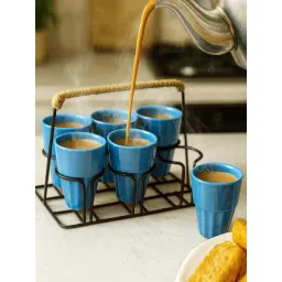 Homesake Turquoise Tea Glasses with Metal Stand Set of 6 (120 ML)-picture-38