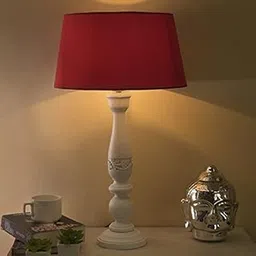 Homesake Table Lamp Floral Carved White Wood with Shade | Antique Night lamp for Living Room and Bedroom | Home Decor Items - Red-image-5