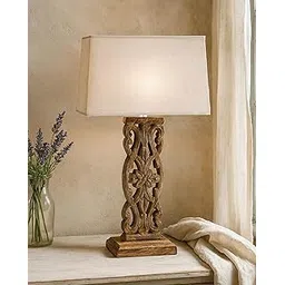 Homesake® Sculptural Hand Carved Wood Table Lamp with Beige Square Shade (Antique Black)-picture-16